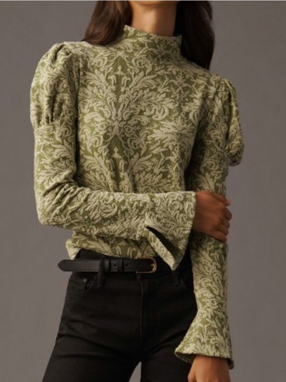 Anthropologie Olive Green Jacquard Puff-Sleeve Turtleneck Top Sz XL